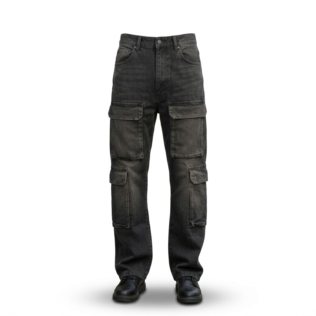 Pantalón Cargo Acid Wash Negro de Mezclilla Rígida Premium