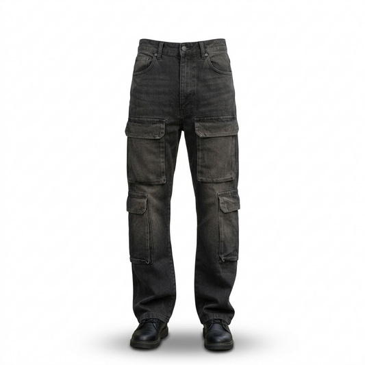 Pantalón Cargo Acid Wash Negro de Mezclilla Rígida Premium