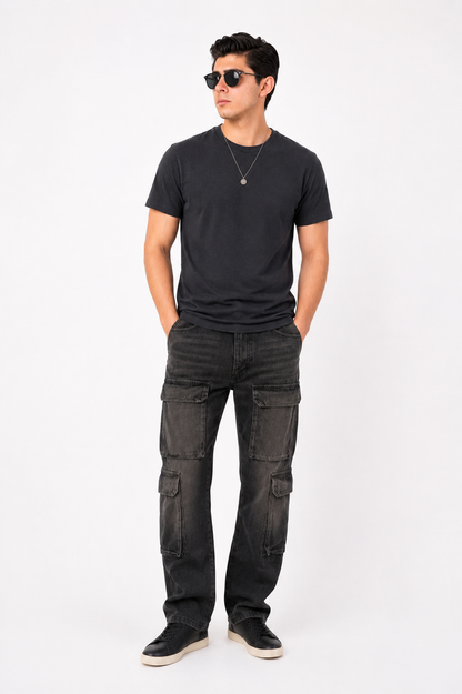 Pantalón Cargo Acid Wash Negro de Mezclilla Rígida Premium