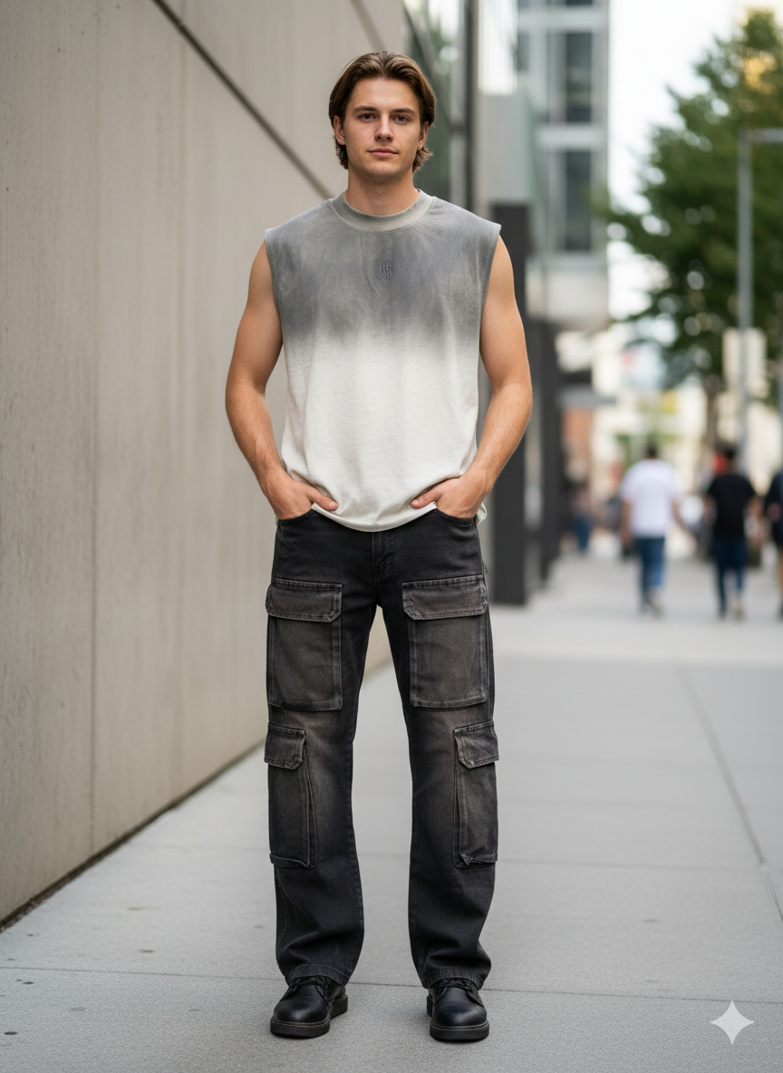 Pantalón Cargo Acid Wash Negro de Mezclilla Rígida Premium