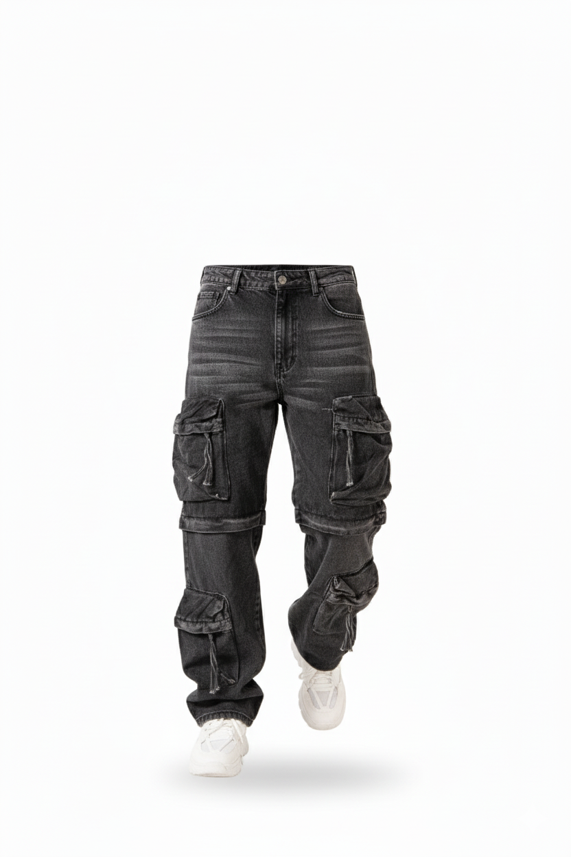 Pantalón Cargo Negro Convertible a Short de Mezclilla Rígida Premium